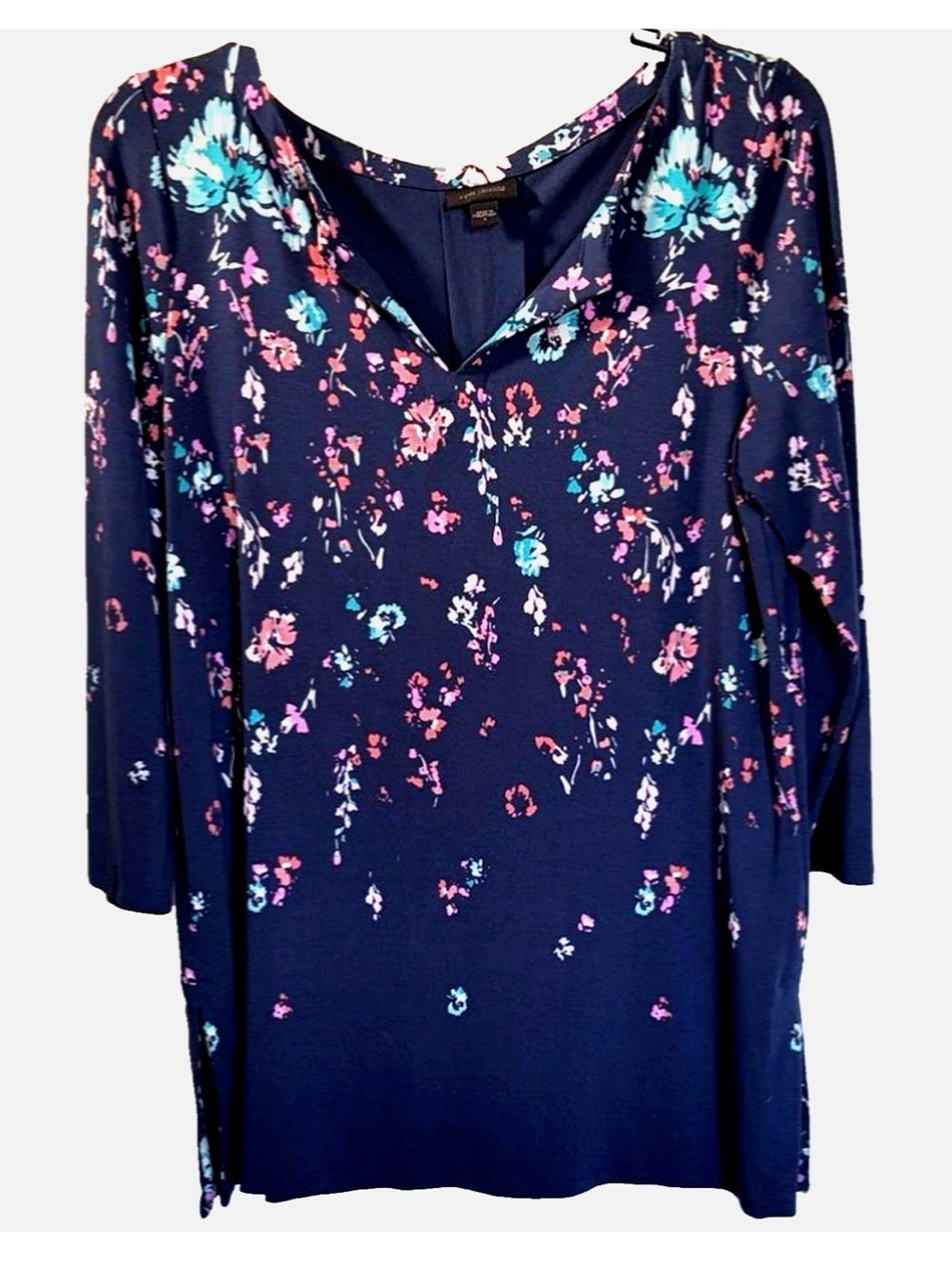 J Jill Wearever Tunic Top Small Navy Floral 3/4 Sleeve Travel Knit Stretch